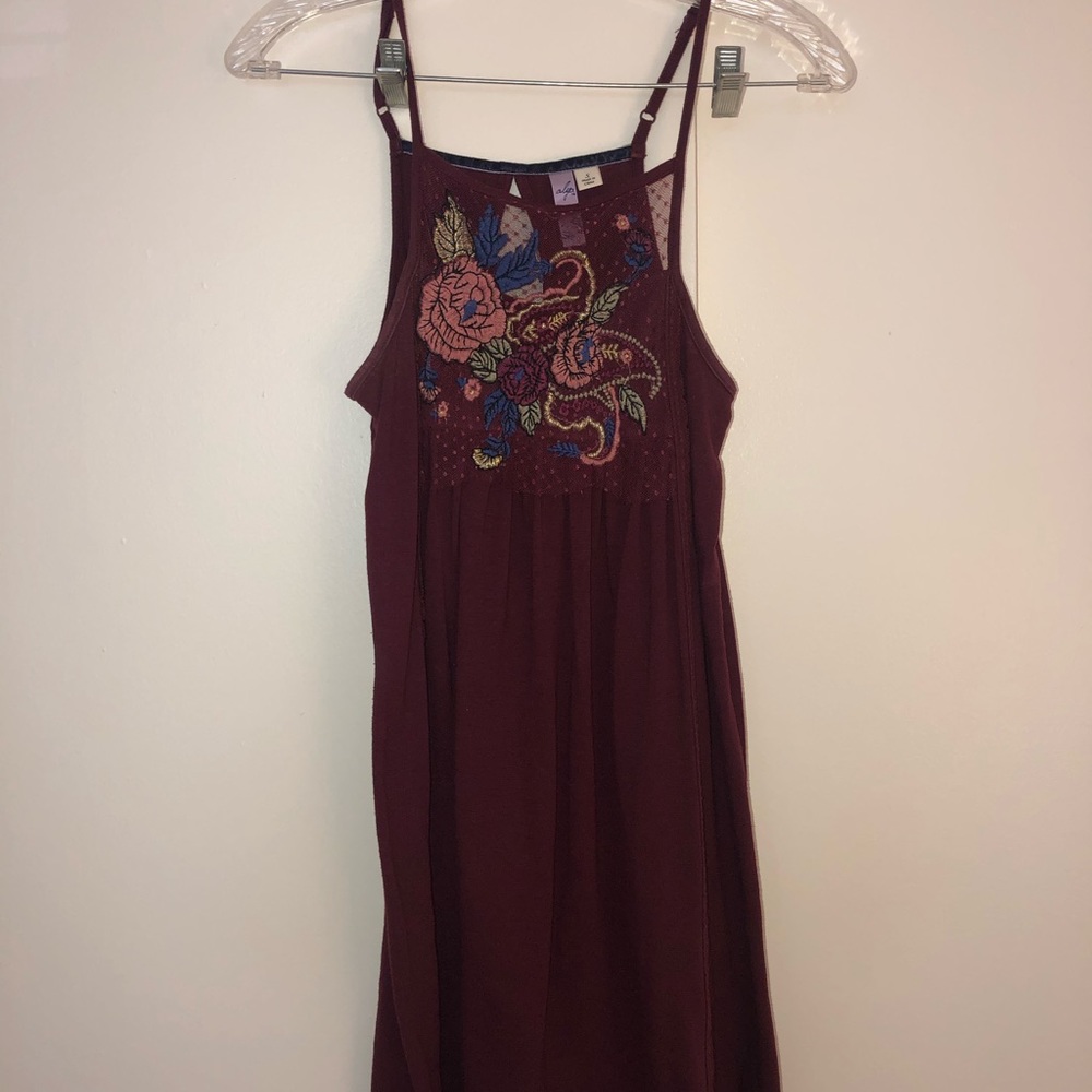 Embroidered Maroon Cotton Mini Dress